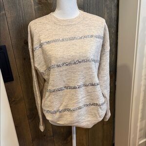 Hem & Thread Cream and Silver Sequence Striped Sweater NWOT
